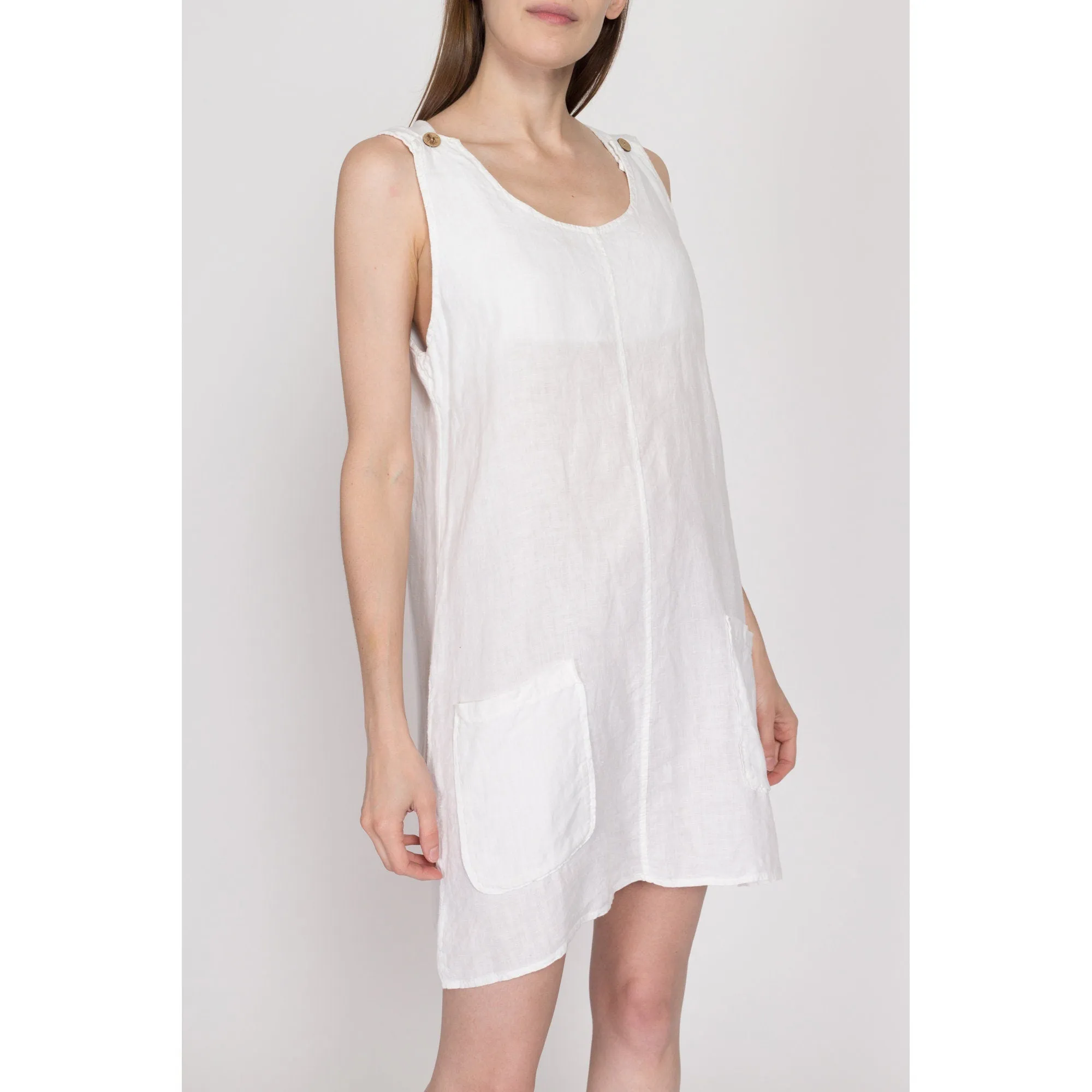 Large 90s White Linen Pinafore Mini Dress