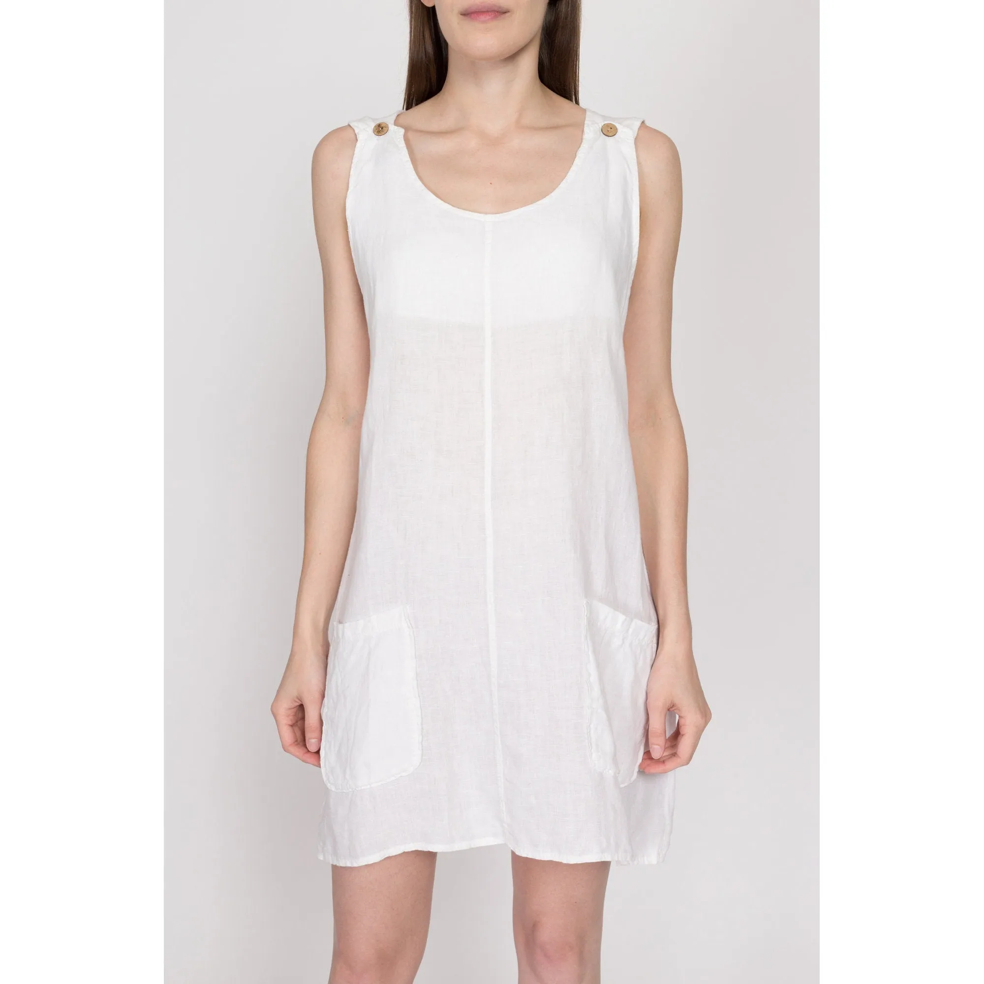 Large 90s White Linen Pinafore Mini Dress