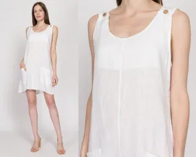 Large 90s White Linen Pinafore Mini Dress