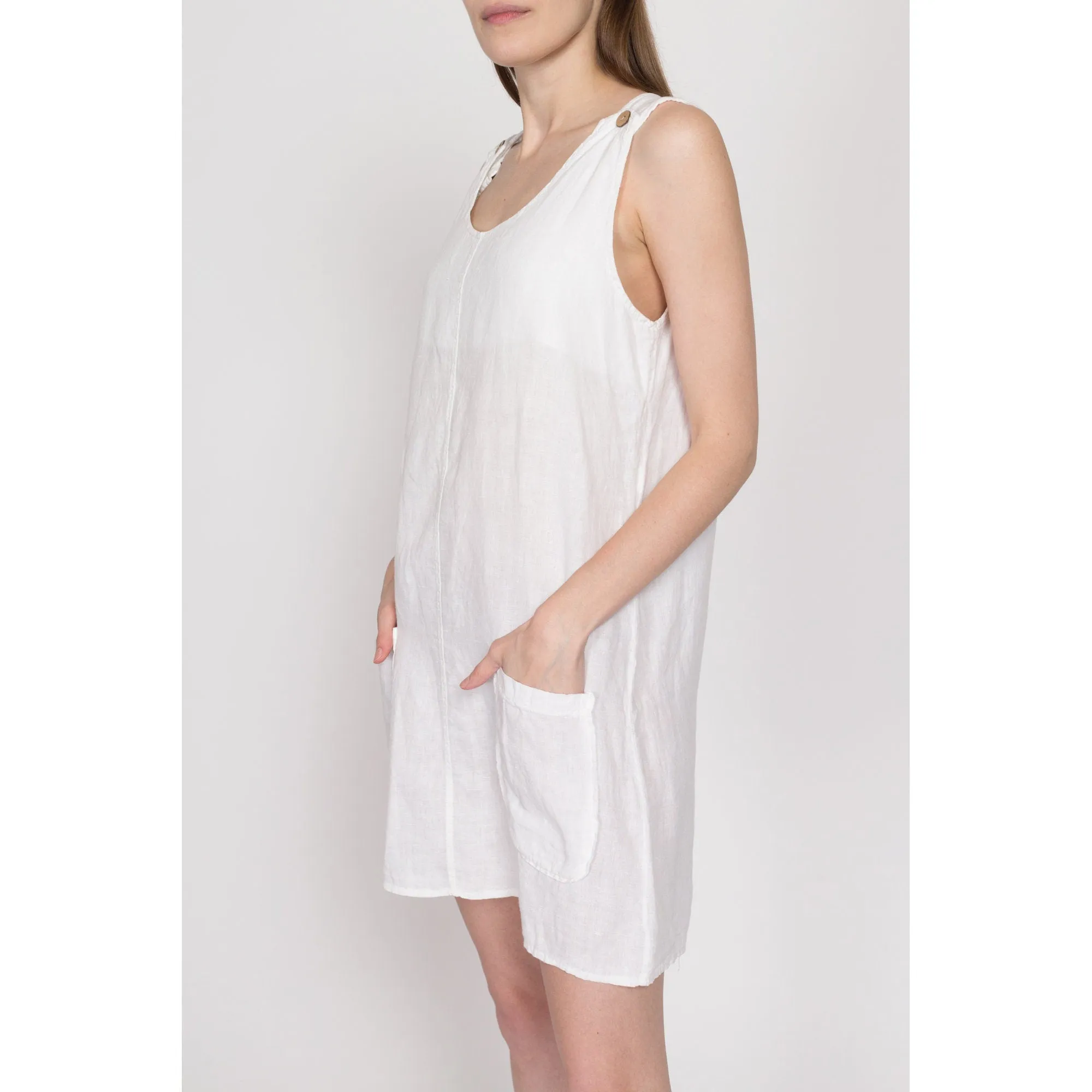 Large 90s White Linen Pinafore Mini Dress