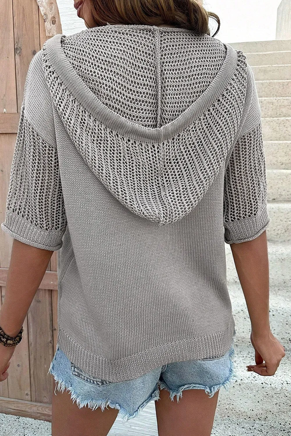 Light Grey Drawstring Short Sleeve Knit Hooded Top