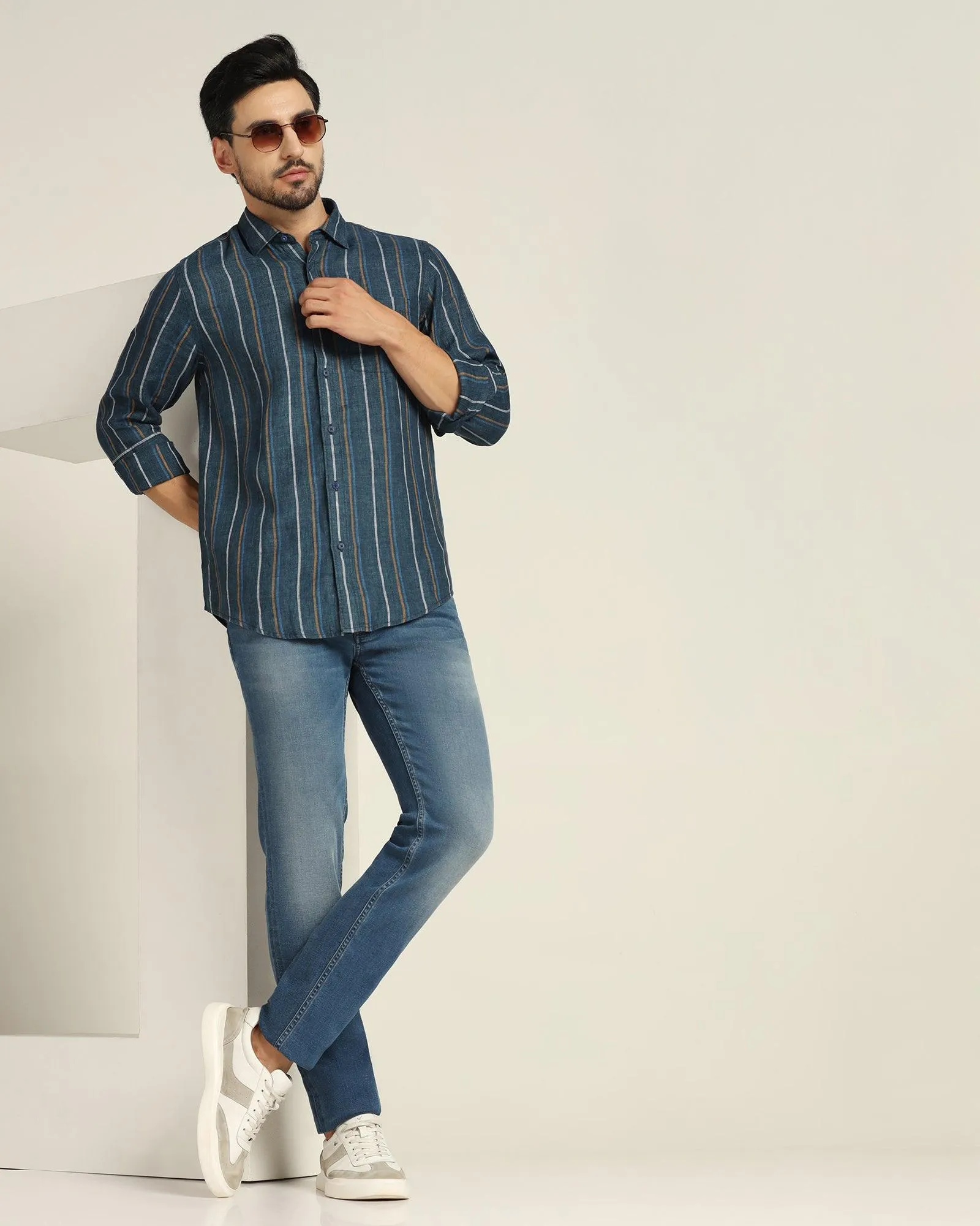 Linen Casual Navy Striped Shirt - Jade