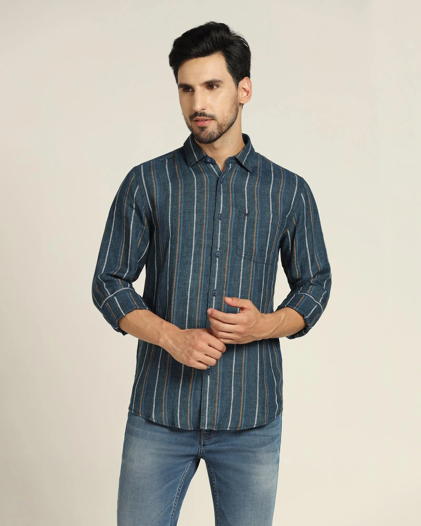 Linen Casual Navy Striped Shirt - Jade