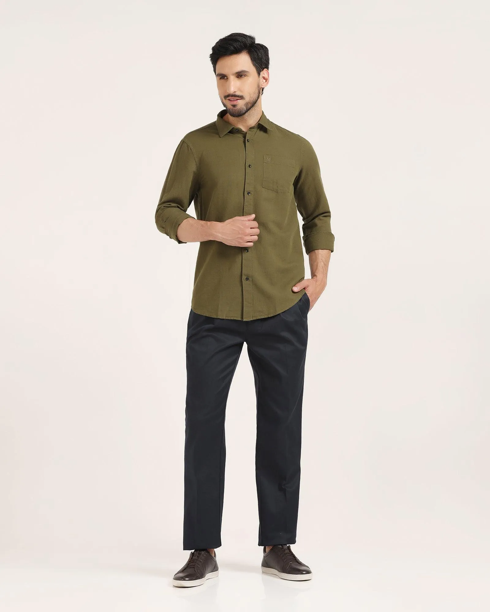 Linen Casual Olive Solid Shirt - Lang