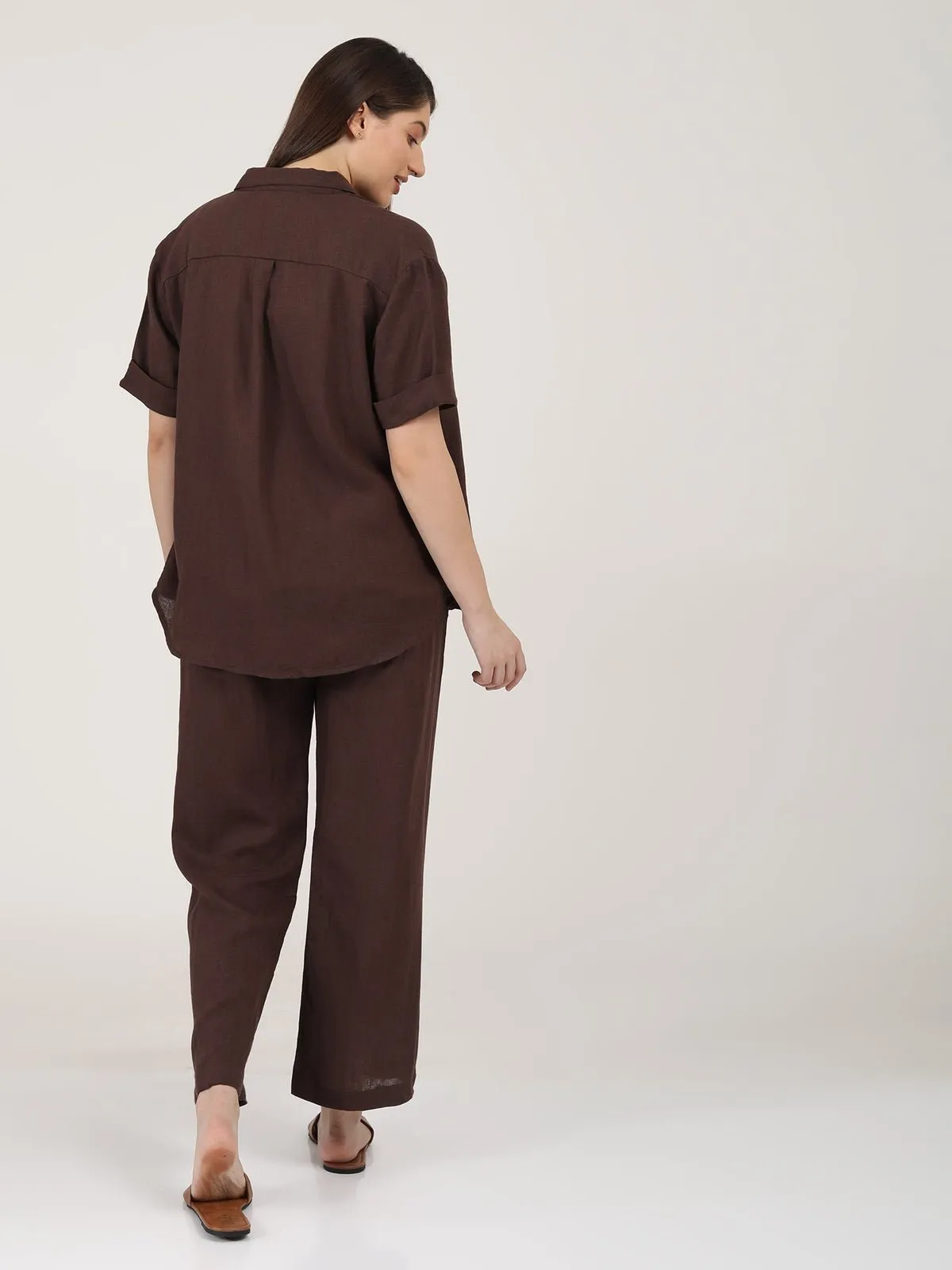 Linen Solid Slip Top with Shirt and Wide Leg Pants 3-Piece Co-ord Set