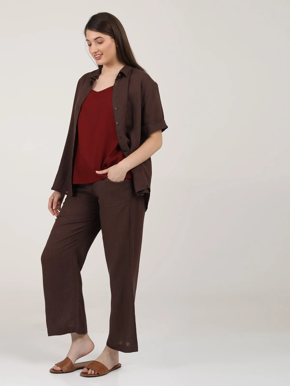 Linen Solid Slip Top with Shirt and Wide Leg Pants 3-Piece Co-ord Set