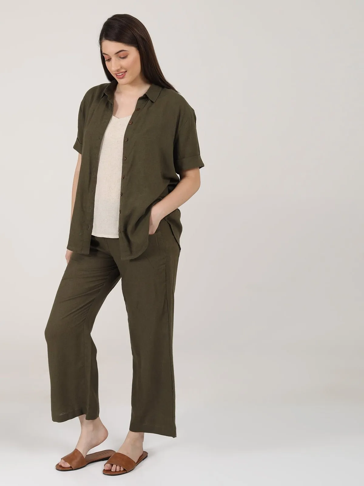 Linen Solid Slip Top with Shirt and Wide Leg Pants 3-Piece Co-ord Set