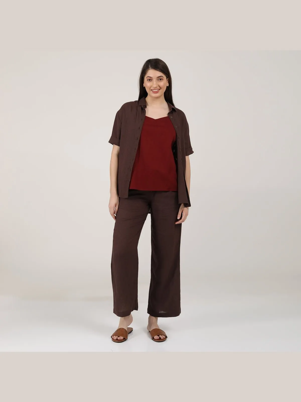 Linen Solid Slip Top with Shirt and Wide Leg Pants 3-Piece Co-ord Set