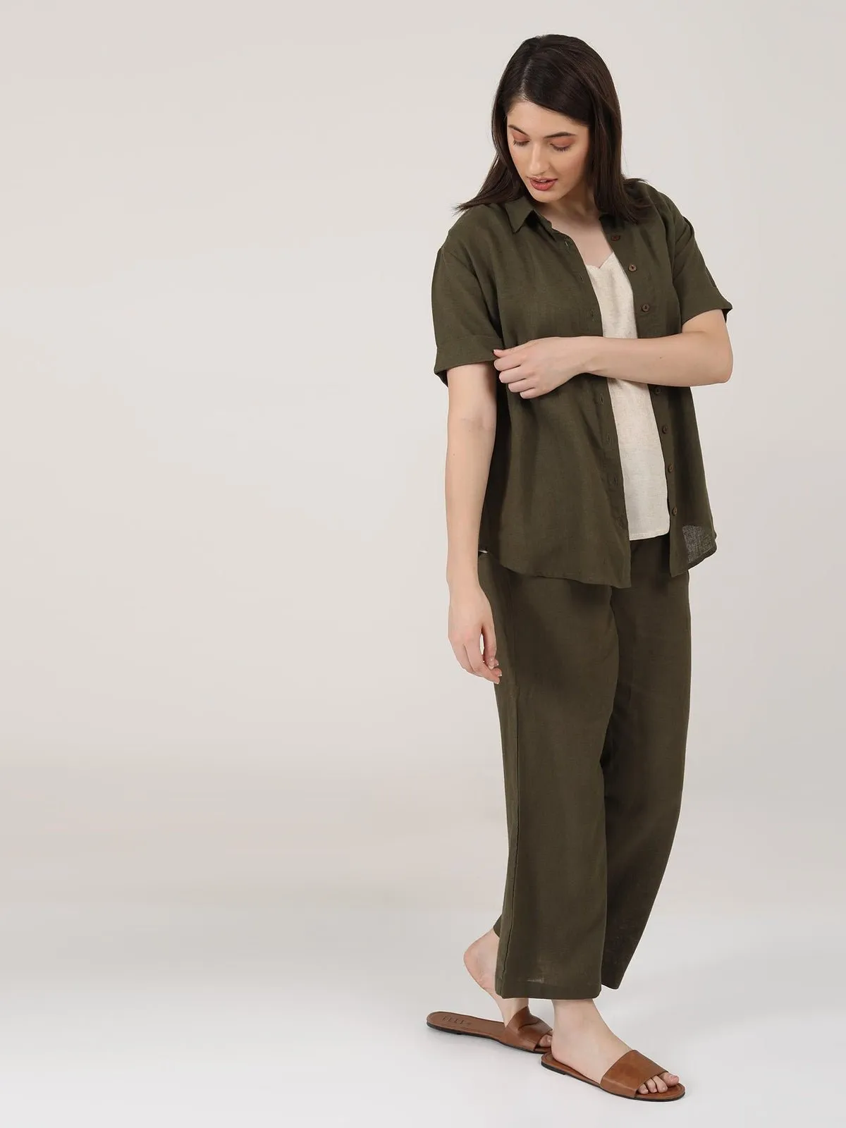 Linen Solid Slip Top with Shirt and Wide Leg Pants 3-Piece Co-ord Set