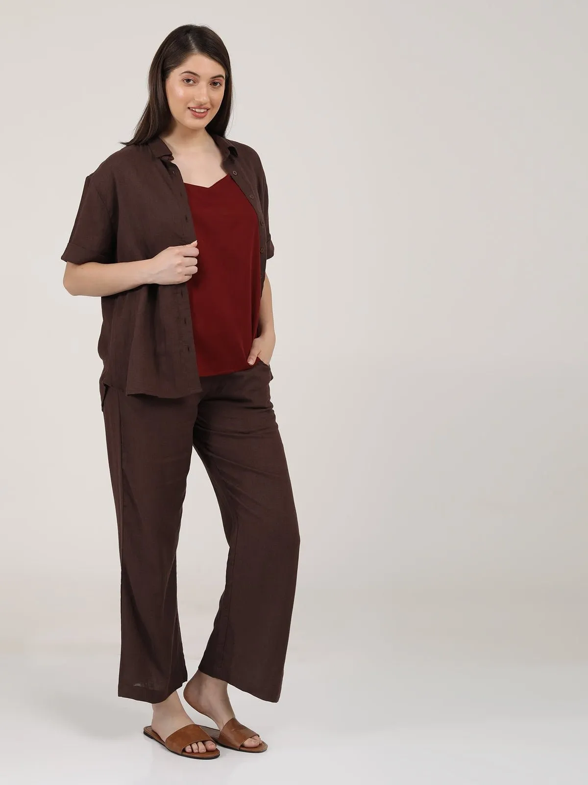 Linen Solid Slip Top with Shirt and Wide Leg Pants 3-Piece Co-ord Set