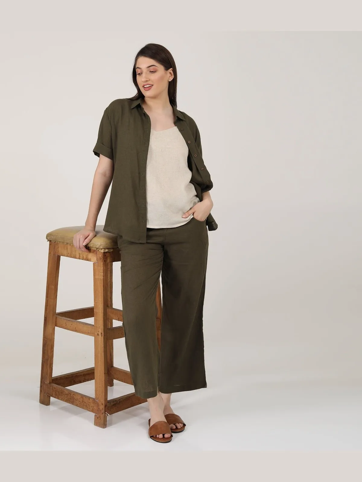 Linen Solid Slip Top with Shirt and Wide Leg Pants 3-Piece Co-ord Set