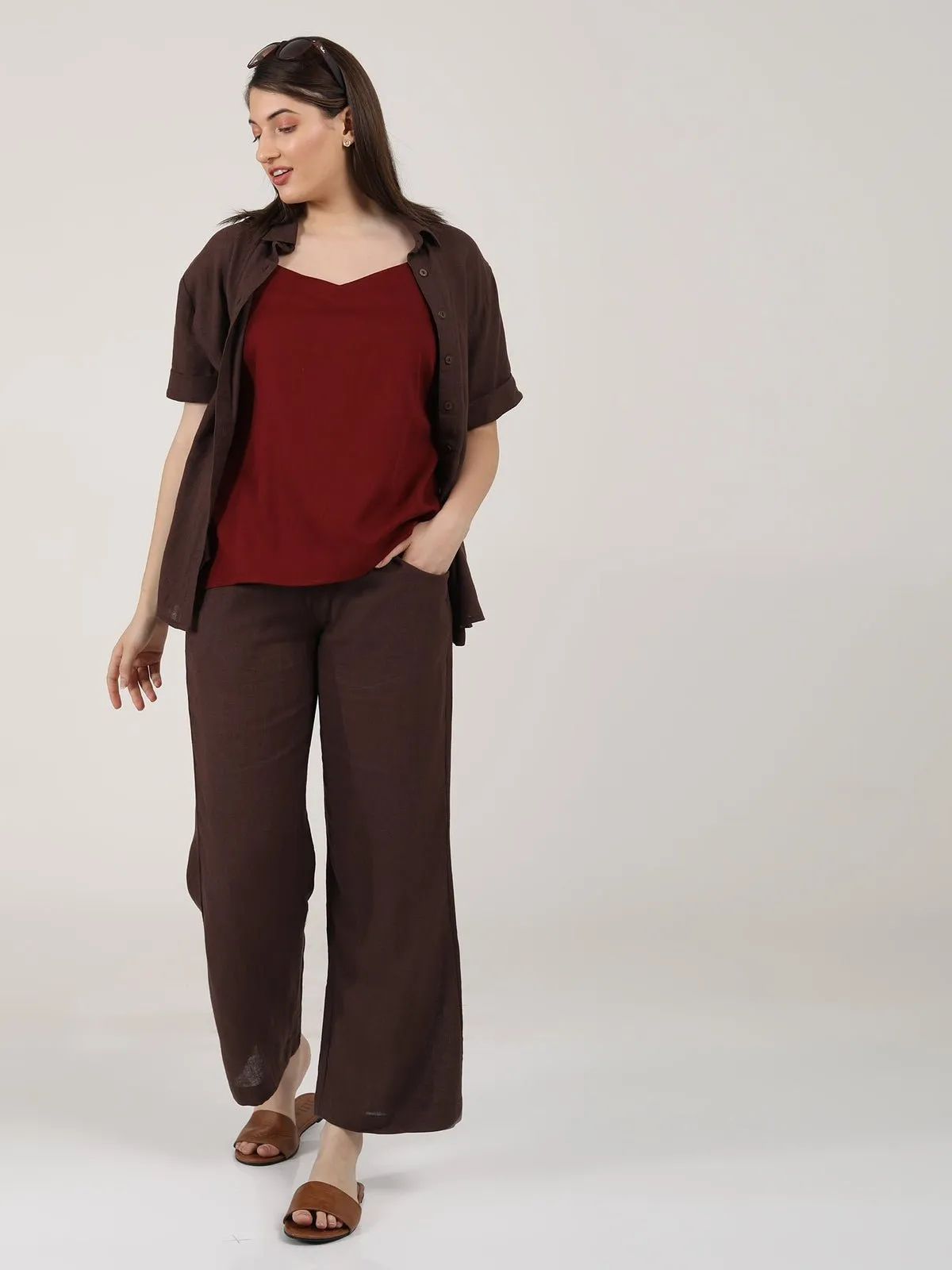 Linen Solid Slip Top with Shirt and Wide Leg Pants 3-Piece Co-ord Set