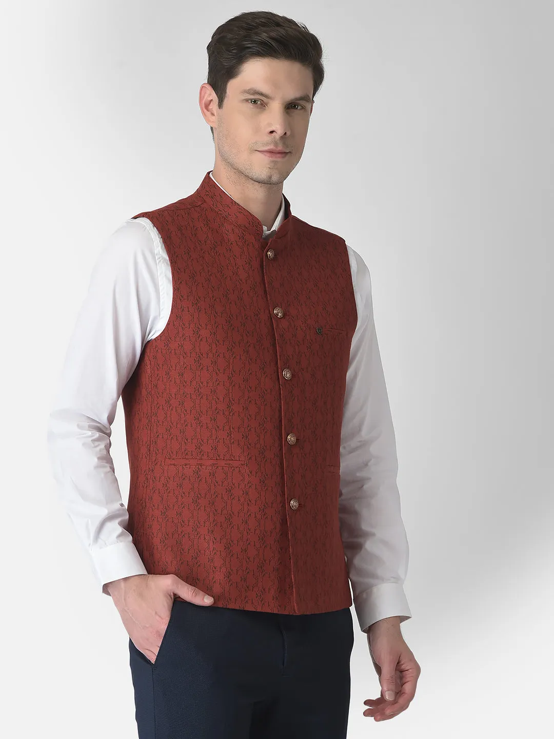 Maroon Self Design Nehru Jacket