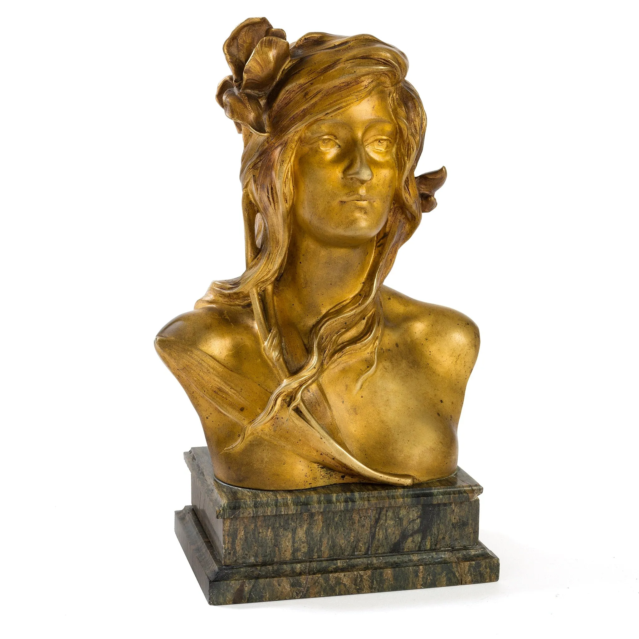 Maurice Bouval "Woman with Iris" Gilt Bronze & Marble Bust