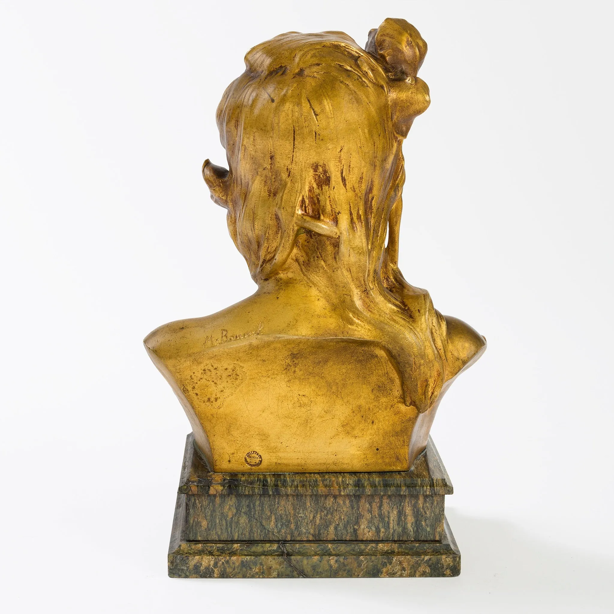 Maurice Bouval "Woman with Iris" Gilt Bronze & Marble Bust