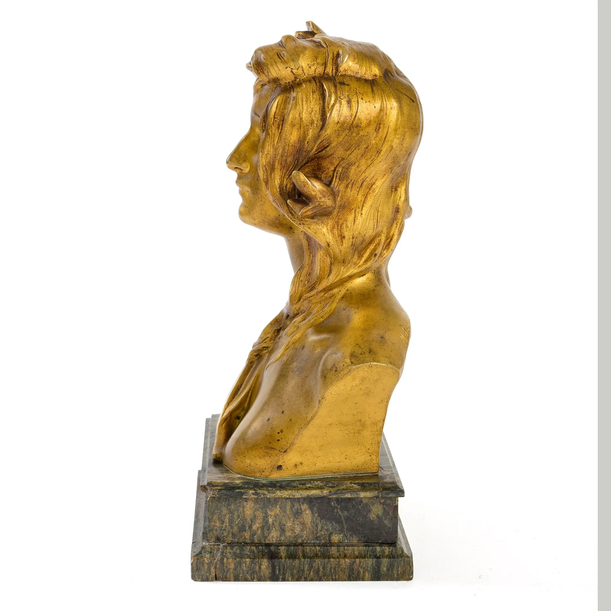 Maurice Bouval "Woman with Iris" Gilt Bronze & Marble Bust