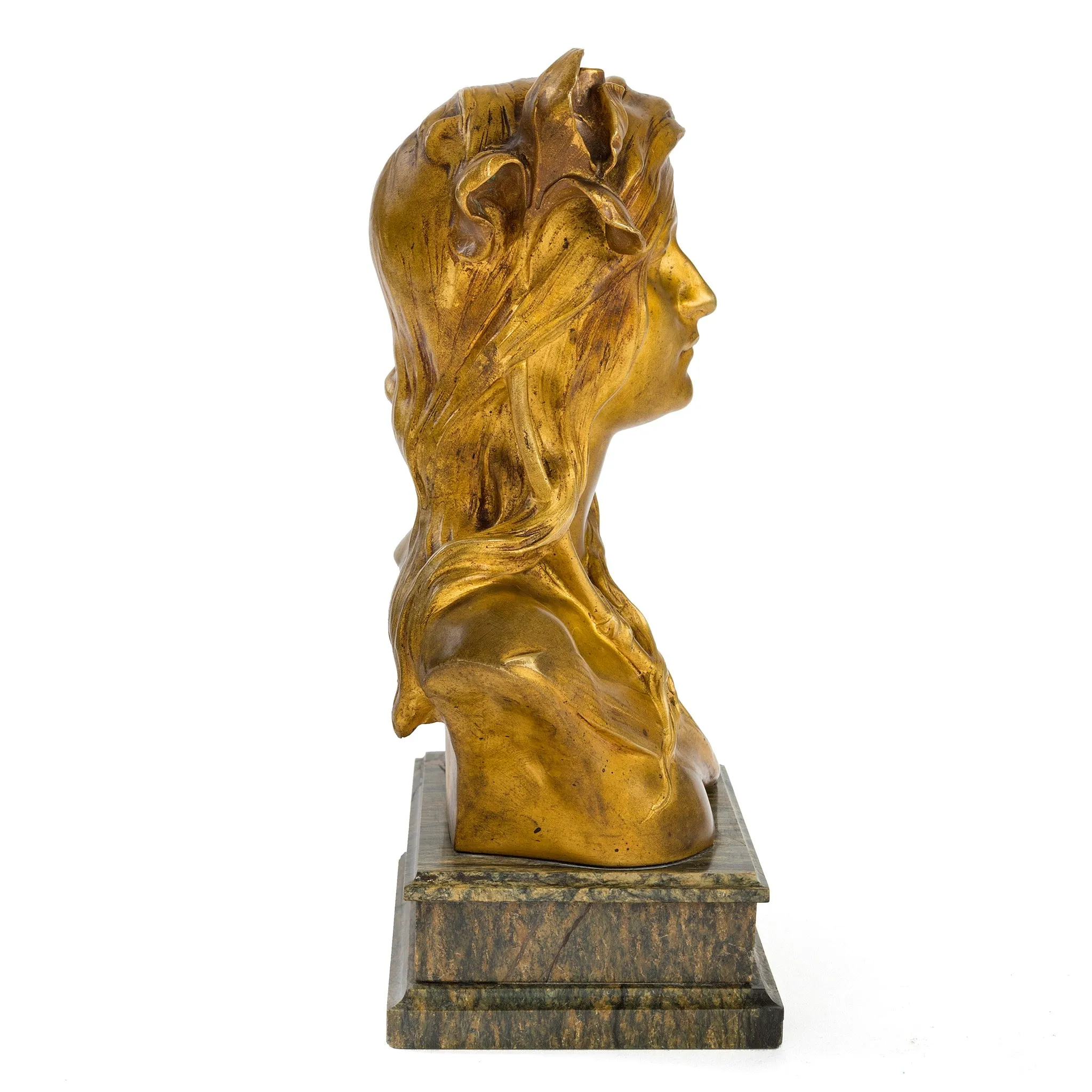 Maurice Bouval "Woman with Iris" Gilt Bronze & Marble Bust