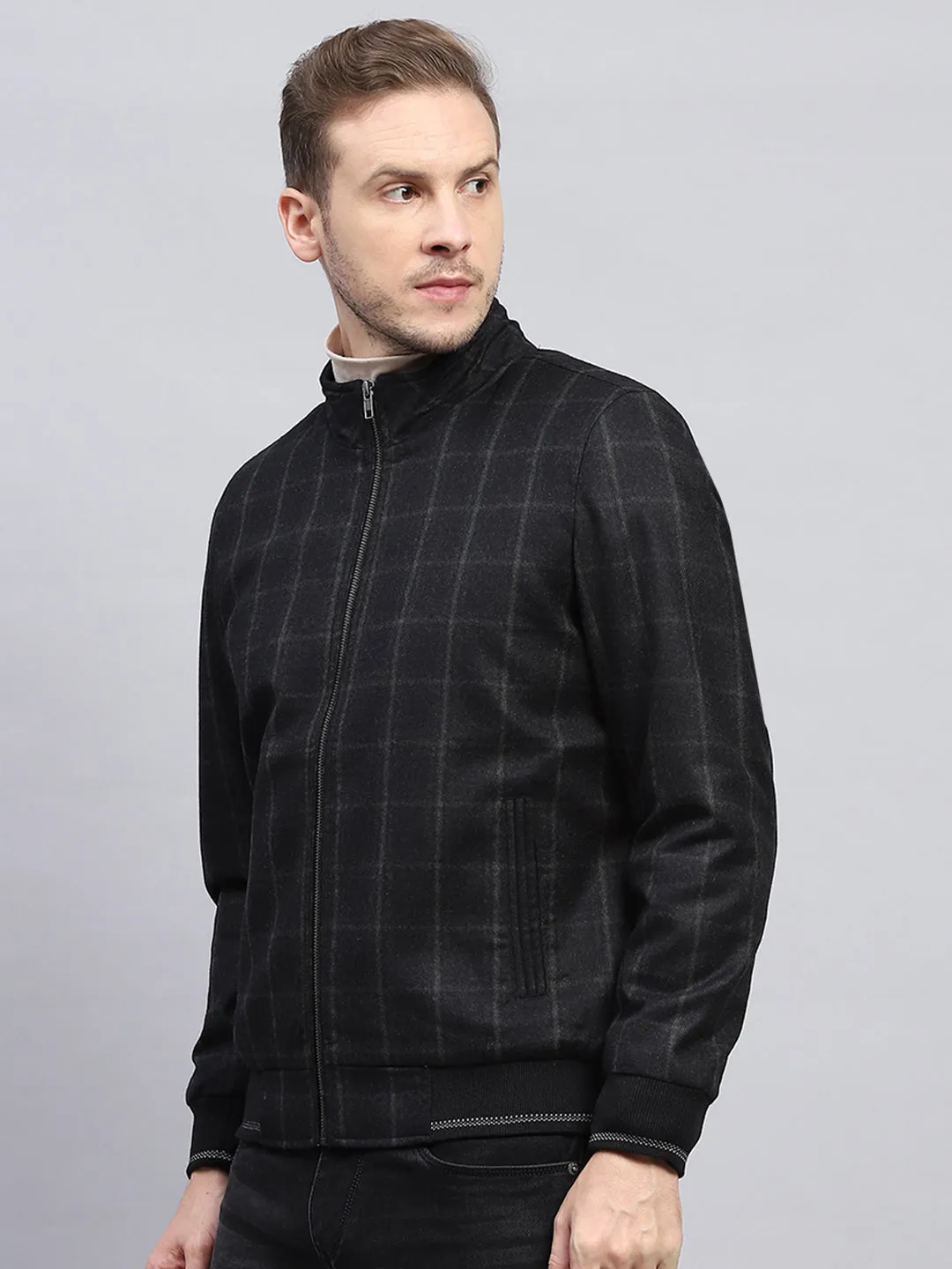 Men Black Check Mock Neck Full Sleeve Coat