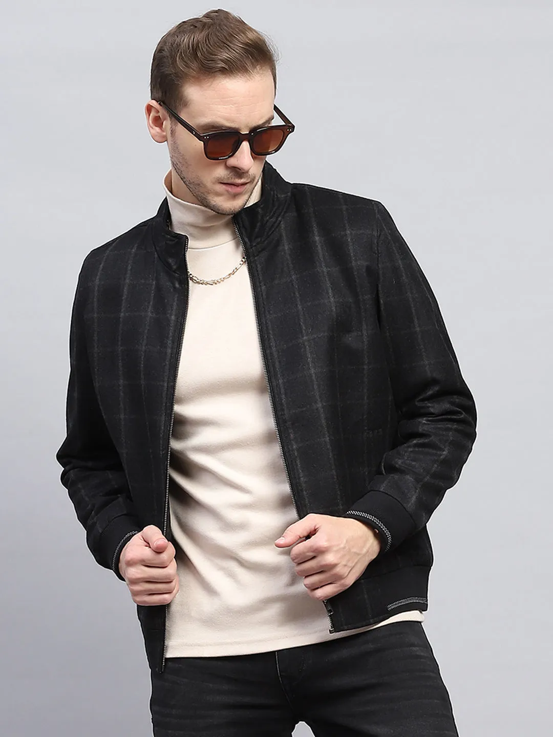 Men Black Check Mock Neck Full Sleeve Coat