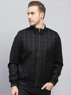 Men Black Check Mock Neck Full Sleeve Coat