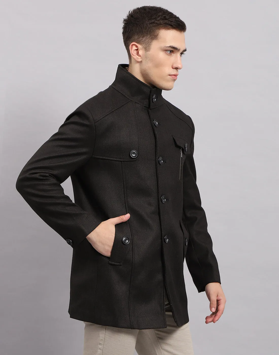 Men Black Self Design Band Collar Full Sleeve Coat