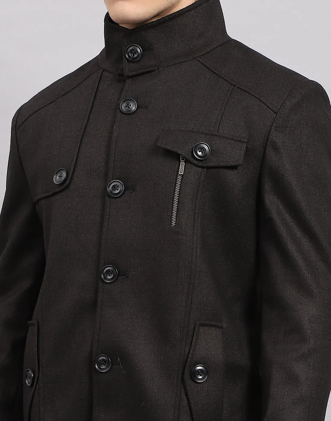 Men Black Self Design Band Collar Full Sleeve Coat