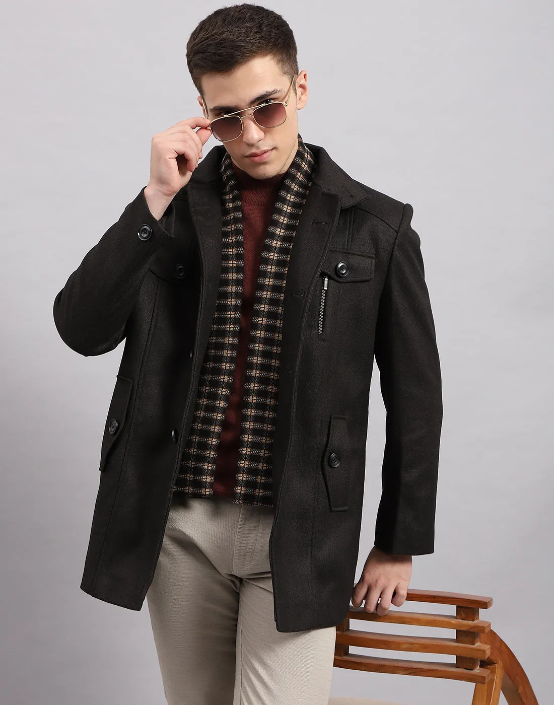 Men Black Self Design Band Collar Full Sleeve Coat