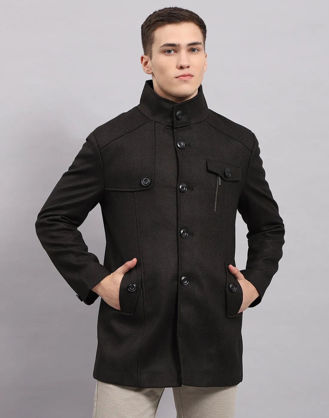 Men Black Self Design Band Collar Full Sleeve Coat