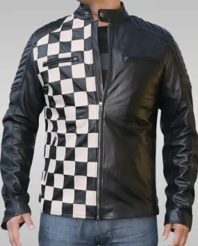 Mens Cafe Racer Checkerboard Motorcycle Leather Jacket