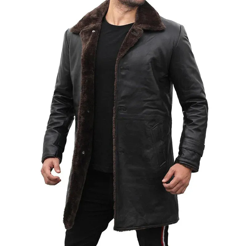 Mens Leather Shearling Coat in Black