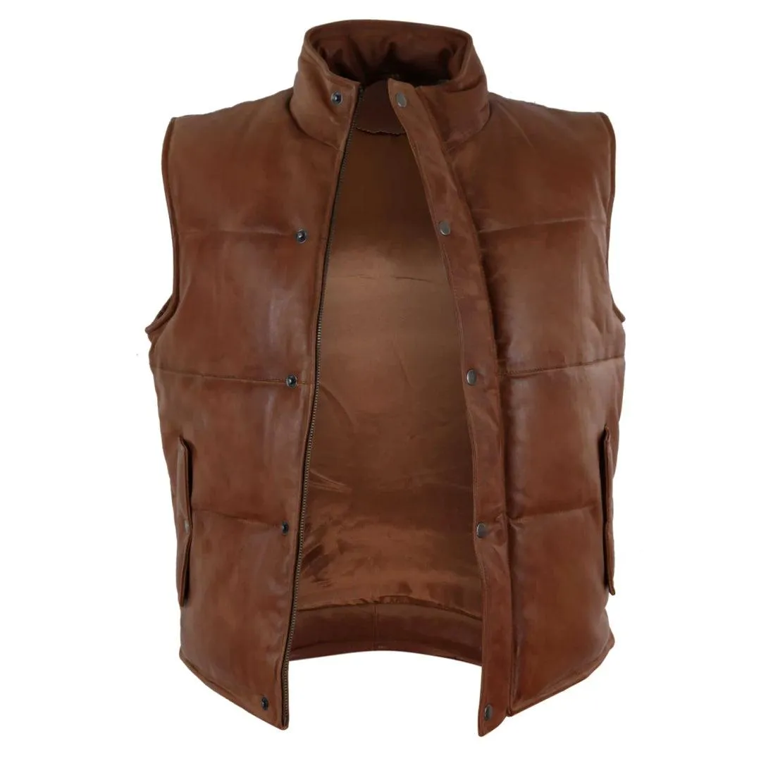 Mens Real Leather Waistcoat Gilet Quilted Puffer Design Warm Zip Casual