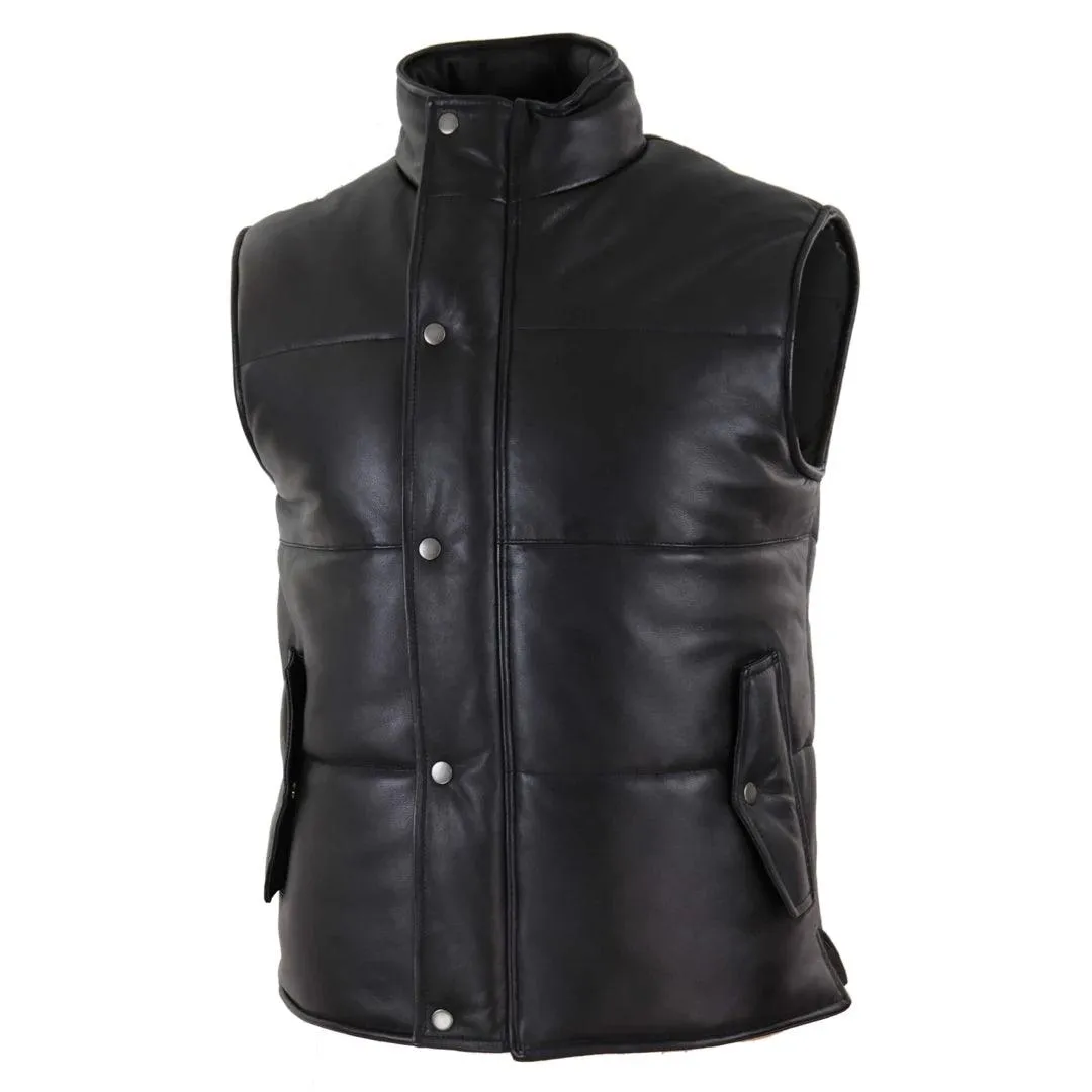 Mens Real Leather Waistcoat Gilet Quilted Puffer Design Warm Zip Casual