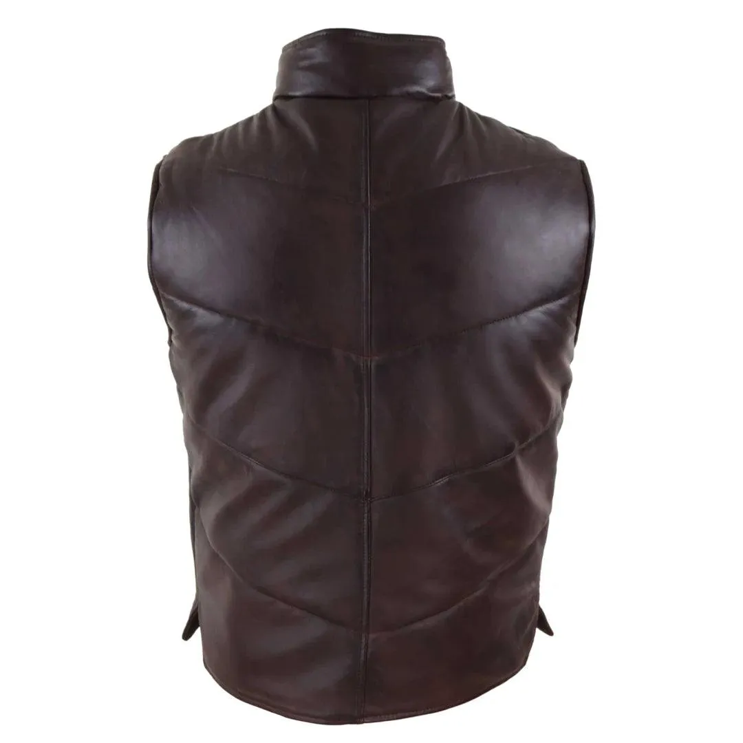 Mens Real Leather Waistcoat Gilet Quilted Puffer Design Warm Zip Casual