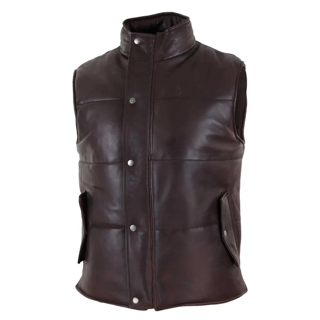 Mens Real Leather Waistcoat Gilet Quilted Puffer Design Warm Zip Casual