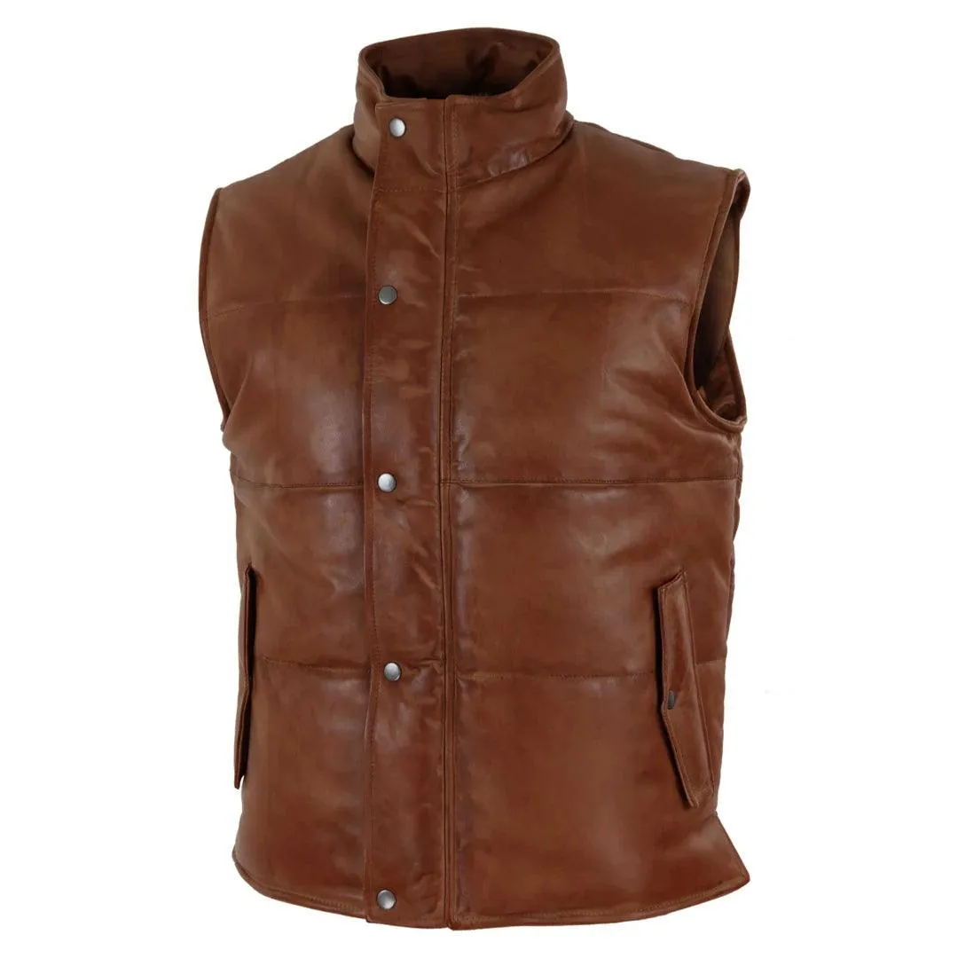 Mens Real Leather Waistcoat Gilet Quilted Puffer Design Warm Zip Casual