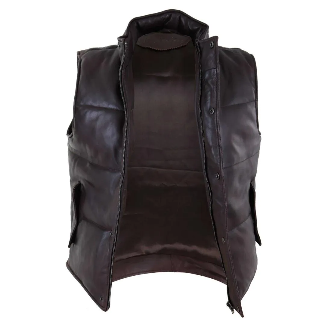 Mens Real Leather Waistcoat Gilet Quilted Puffer Design Warm Zip Casual