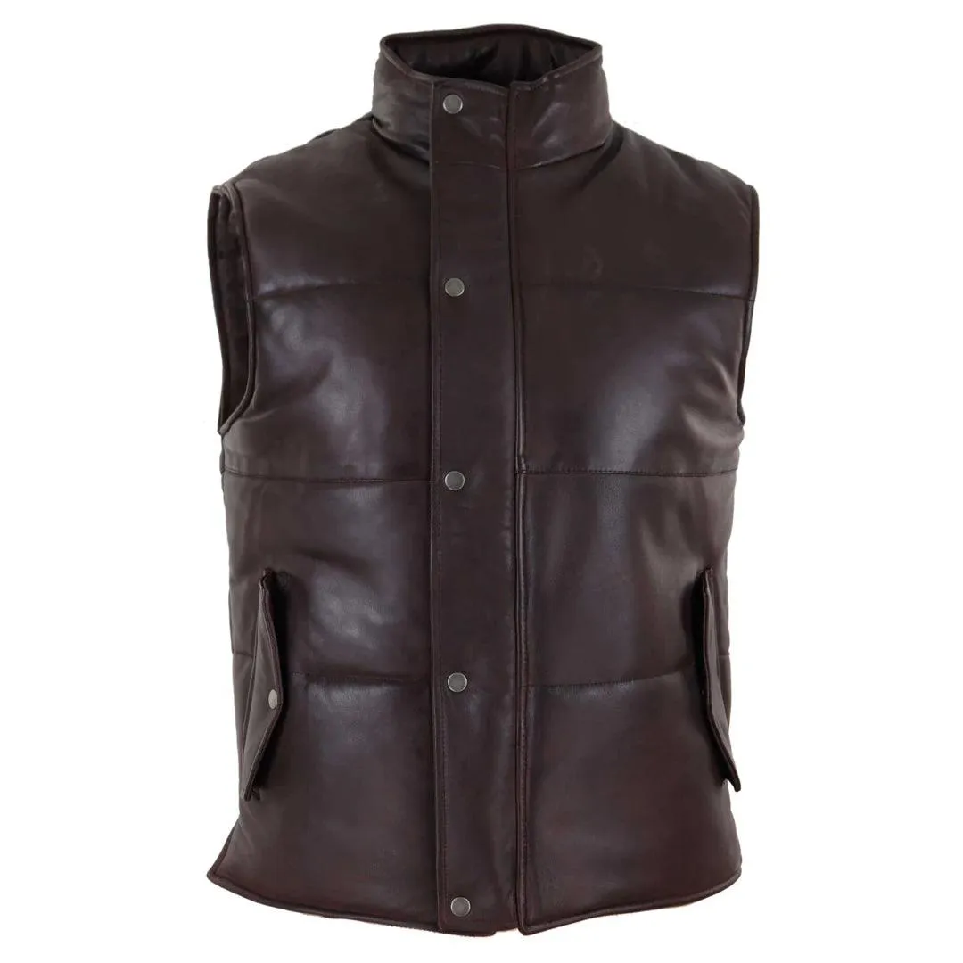 Mens Real Leather Waistcoat Gilet Quilted Puffer Design Warm Zip Casual