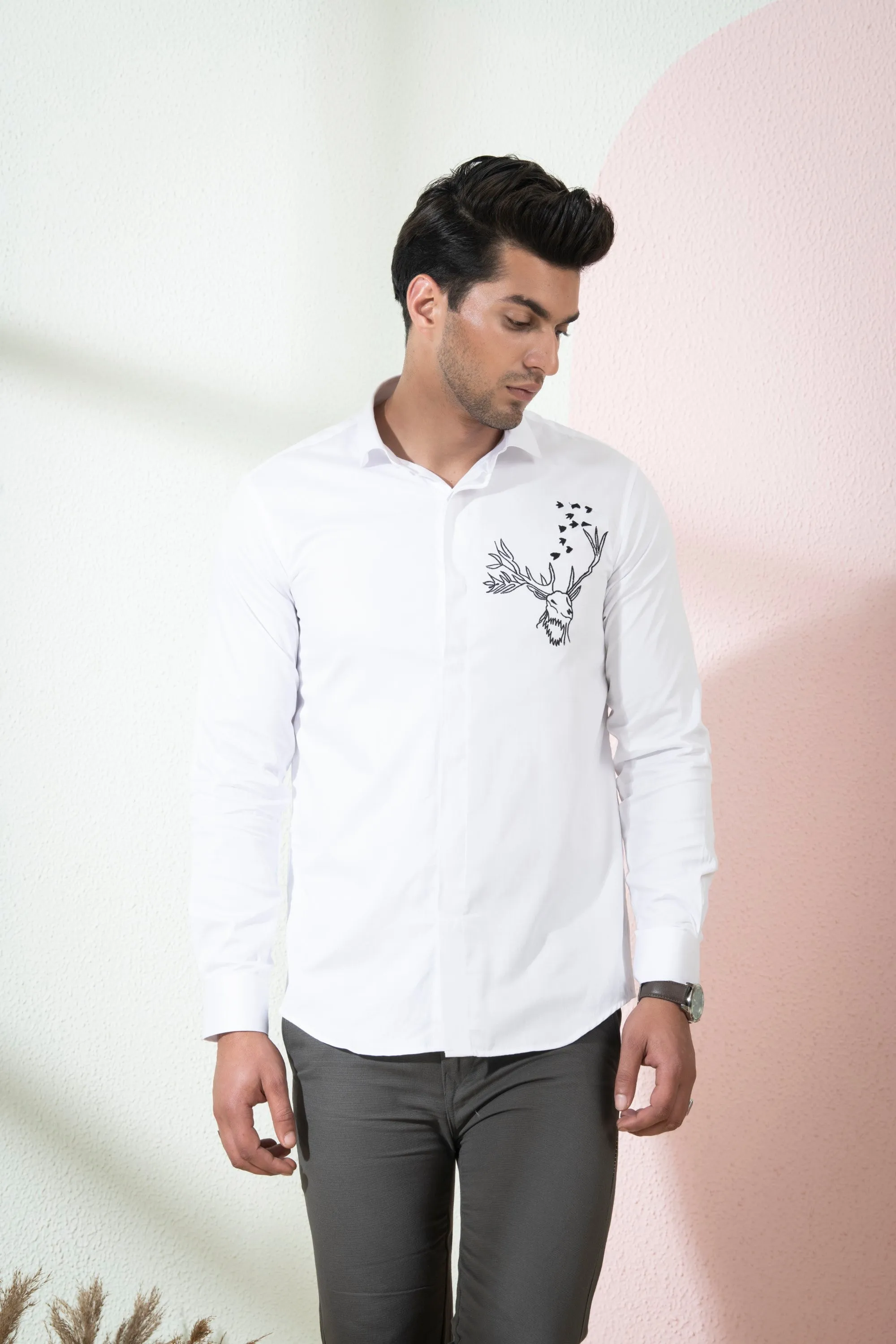 Men's White Color Bianco Reindeer Shirt Full Sleeves Casual Shirt - Hilo Design