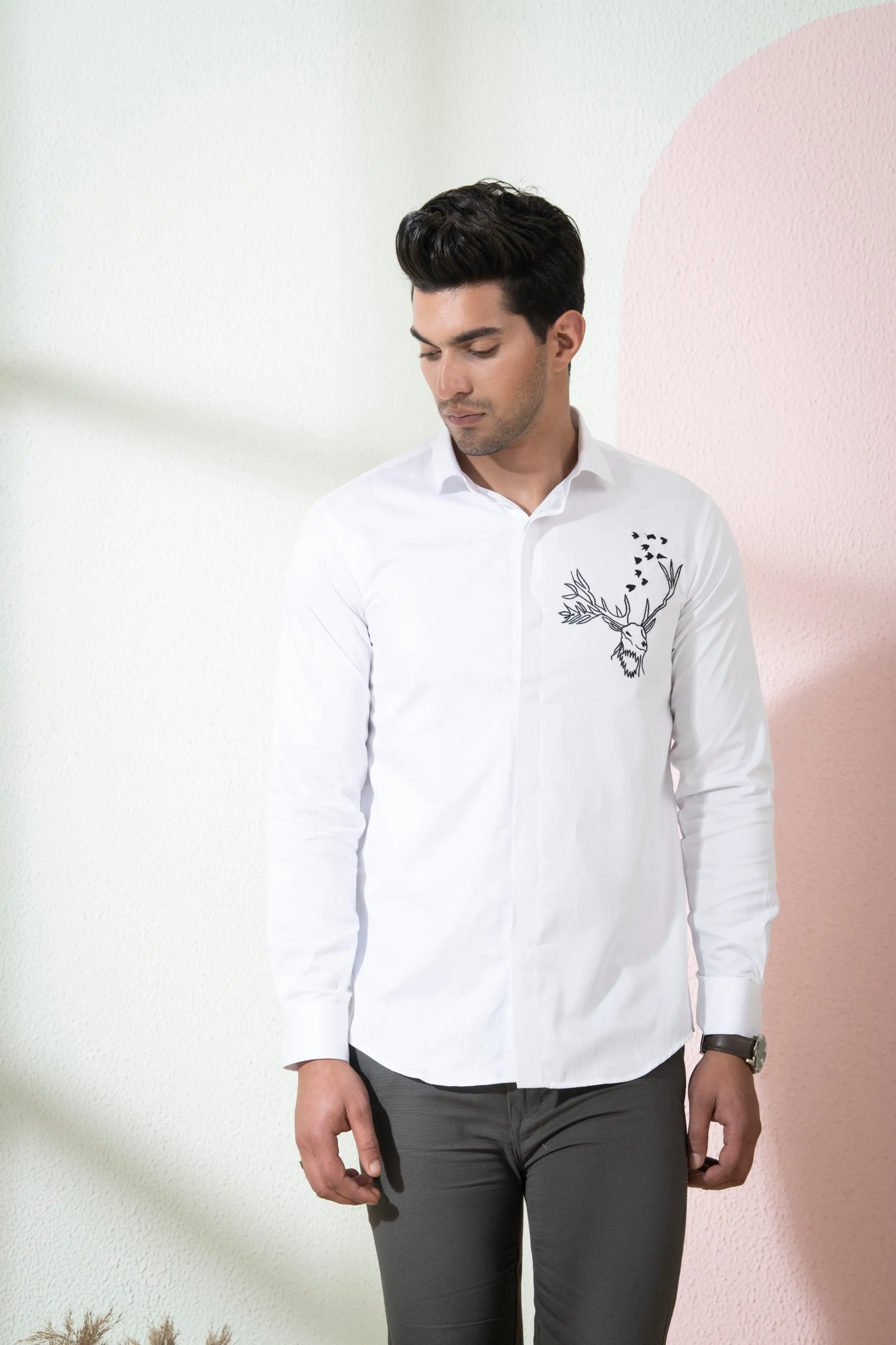 Men's White Color Bianco Reindeer Shirt Full Sleeves Casual Shirt - Hilo Design