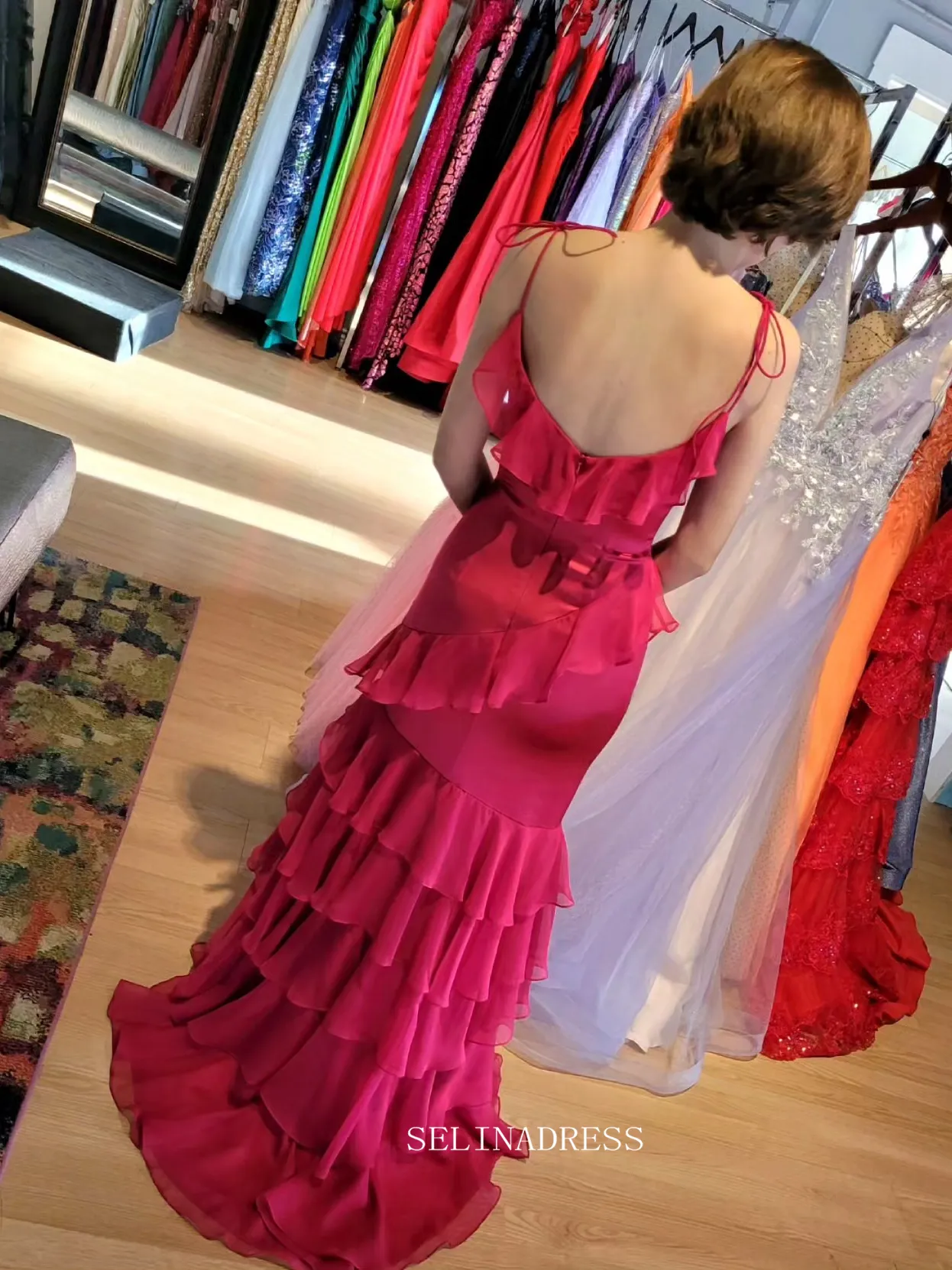 Mermaid Spaghetti Straps Chiffon Long Prom Dress With Ruffles sew1041