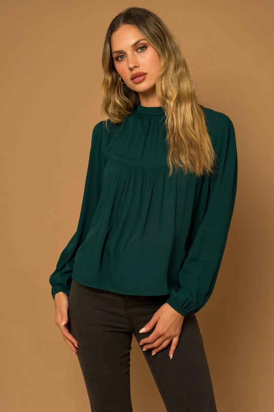 Mock Neck Back Button Down Long Sleeve Top