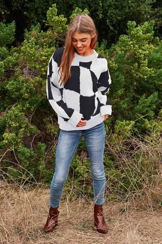 Multi Geo Checker Pullover Knit Sweater Top