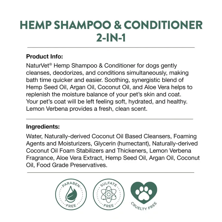 NaturVet Hemp Shampoo & Conditioner 2-in-1 Argan & Coconut for Dogs 16oz