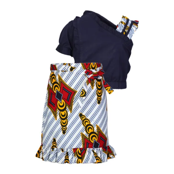 NAVY BLOUSE AND MULTI-COLOUR ANKARA SKIRT SET