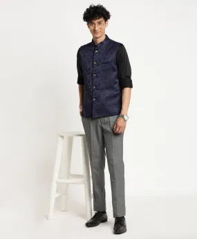 Navy Blue Self Design Nehru Jacket