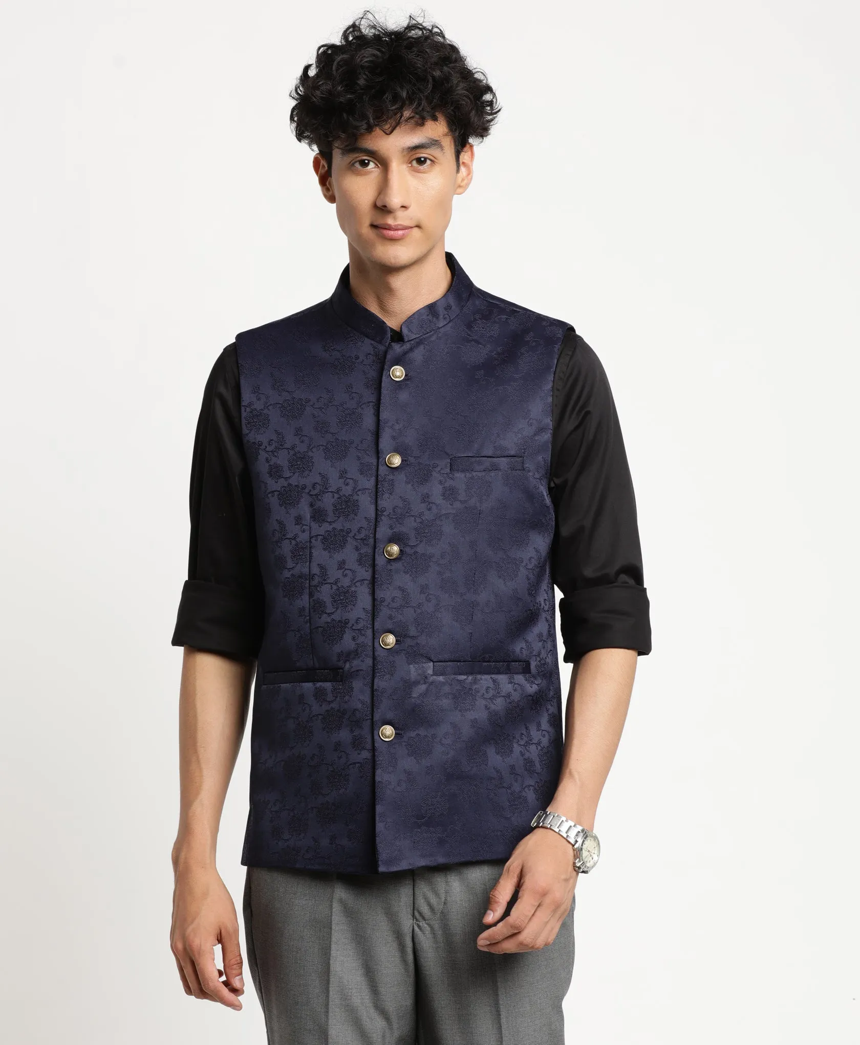 Navy Blue Self Design Nehru Jacket