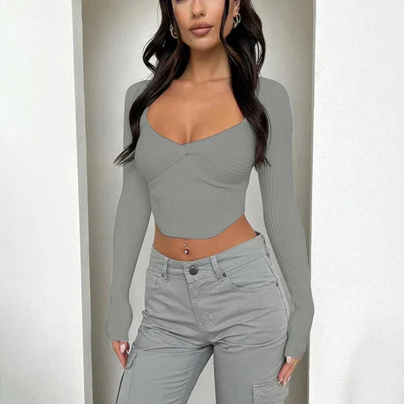 New V-Neck Solid Sexy Low Chest Casual Crop Spring Top