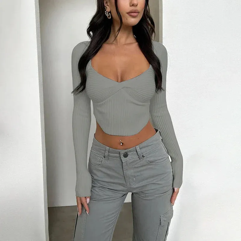 New V-Neck Solid Sexy Low Chest Casual Crop Spring Top