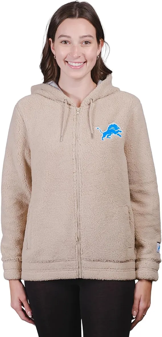 NFL Official Women's Super Soft Sherpa Full Zip Hoodie Sweatshirt Jacket|Detroit Lions