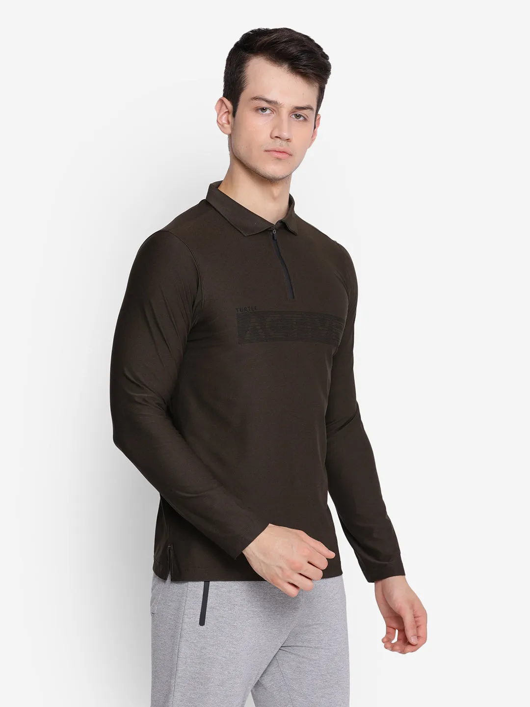 Olive Full Sleeve Polo T-Shirt for Men